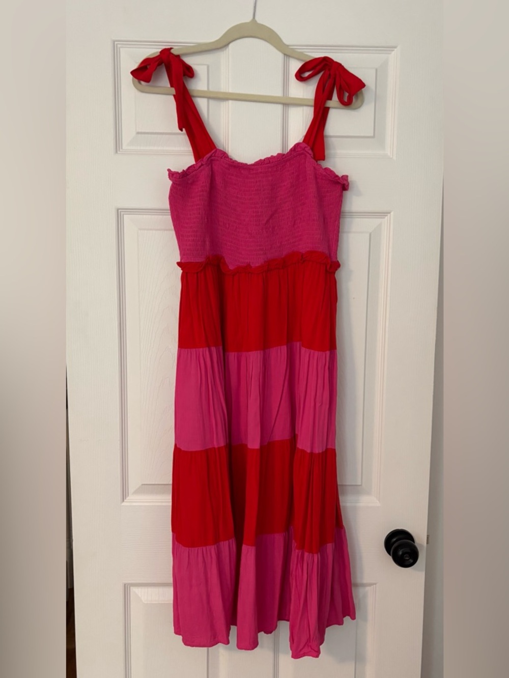 JODIFL Pink & Red Tiered Midi Sundress with Tie Straps